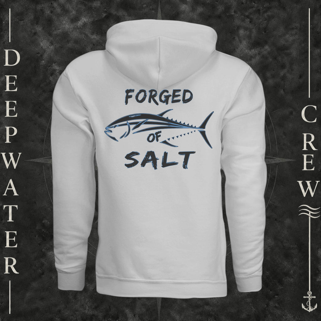 Smoke Deepwater Crew Co. Forged of Salt Heavy Fleece Hoodie, back view with stylized tuna graphic, blue accents, and Forged of Salt lettering.