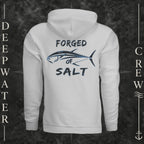 Smoke Deepwater Crew Co. Forged of Salt Heavy Fleece Hoodie, back view with stylized tuna graphic, blue accents, and Forged of Salt lettering.