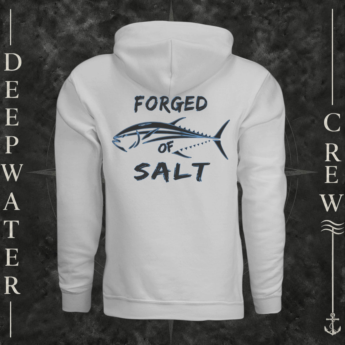 Smoke Deepwater Crew Co. Forged of Salt Heavy Fleece Hoodie, back view with stylized tuna graphic, blue accents, and Forged of Salt lettering.