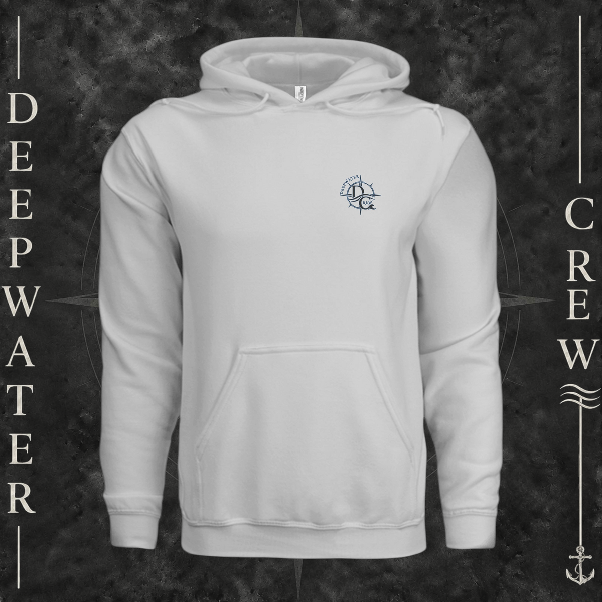 Smoke Deepwater Crew Co. Forged of Salt Heavy Fleece Hoodie, front view with small blue-outlined DC compass-and-wave crest logo.