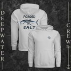 Smoke Deepwater Crew Co. Forged of Salt Heavy Fleece Hoodie, product view on branded Deepwater Crew compass background.