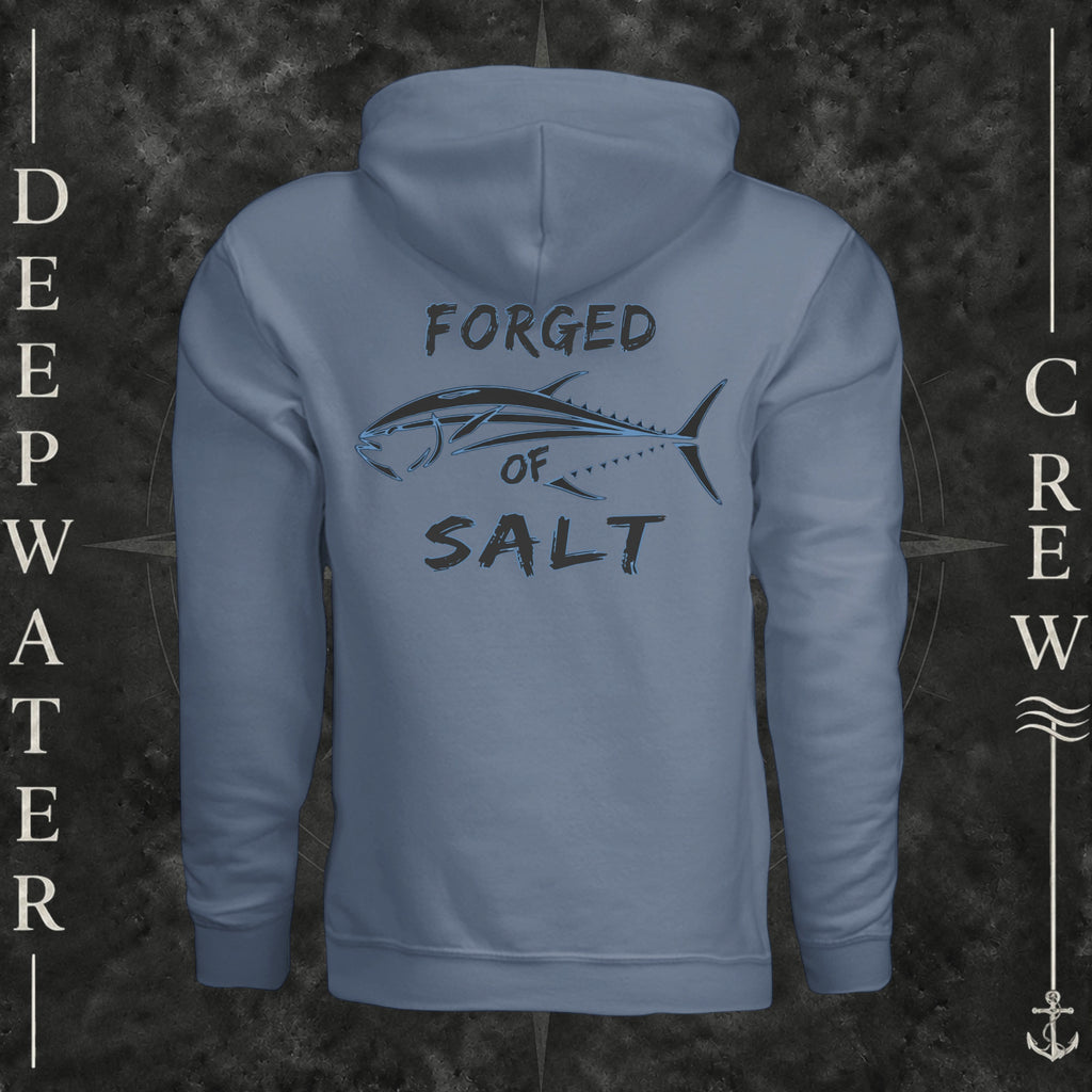 Storm Blue Deepwater Crew Co. Forged of Salt Heavy Fleece Hoodie, back view with stylized tuna graphic, blue accents, and Forged of Salt lettering.