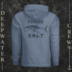 Storm Blue Deepwater Crew Co. Forged of Salt Heavy Fleece Hoodie, back view with stylized tuna graphic, blue accents, and Forged of Salt lettering.