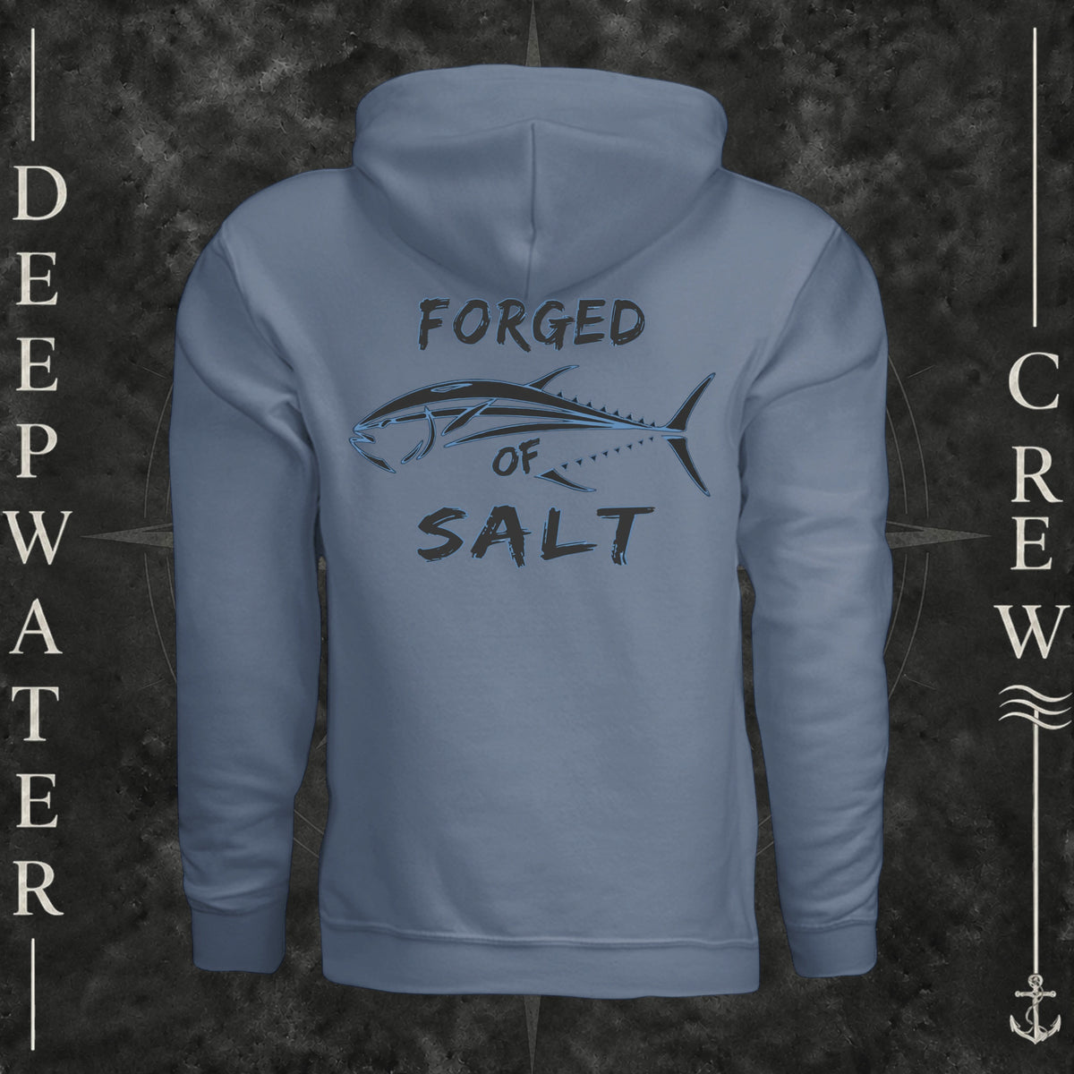 Storm Blue Deepwater Crew Co. Forged of Salt Heavy Fleece Hoodie, back view with stylized tuna graphic, blue accents, and Forged of Salt lettering.