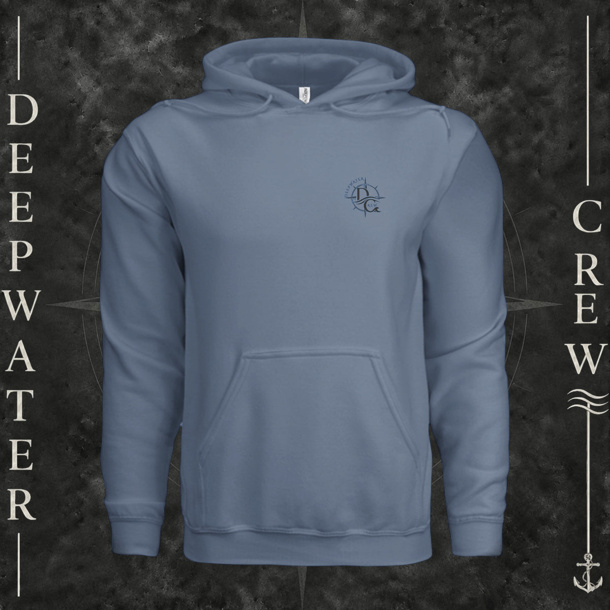Storm Blue Deepwater Crew Co. Forged of Salt Heavy Fleece Hoodie, front view with small blue-outlined DC compass-and-wave crest logo.
