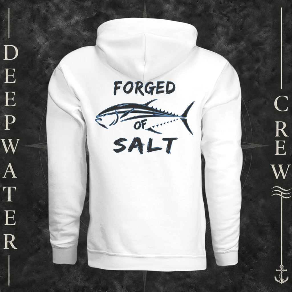 White Deepwater Crew Co. Forged of Salt Heavy Fleece Hoodie, back view with stylized tuna graphic, blue accents, and Forged of Salt lettering.
