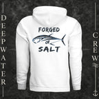 White Deepwater Crew Co. Forged of Salt Heavy Fleece Hoodie, back view with stylized tuna graphic, blue accents, and Forged of Salt lettering.