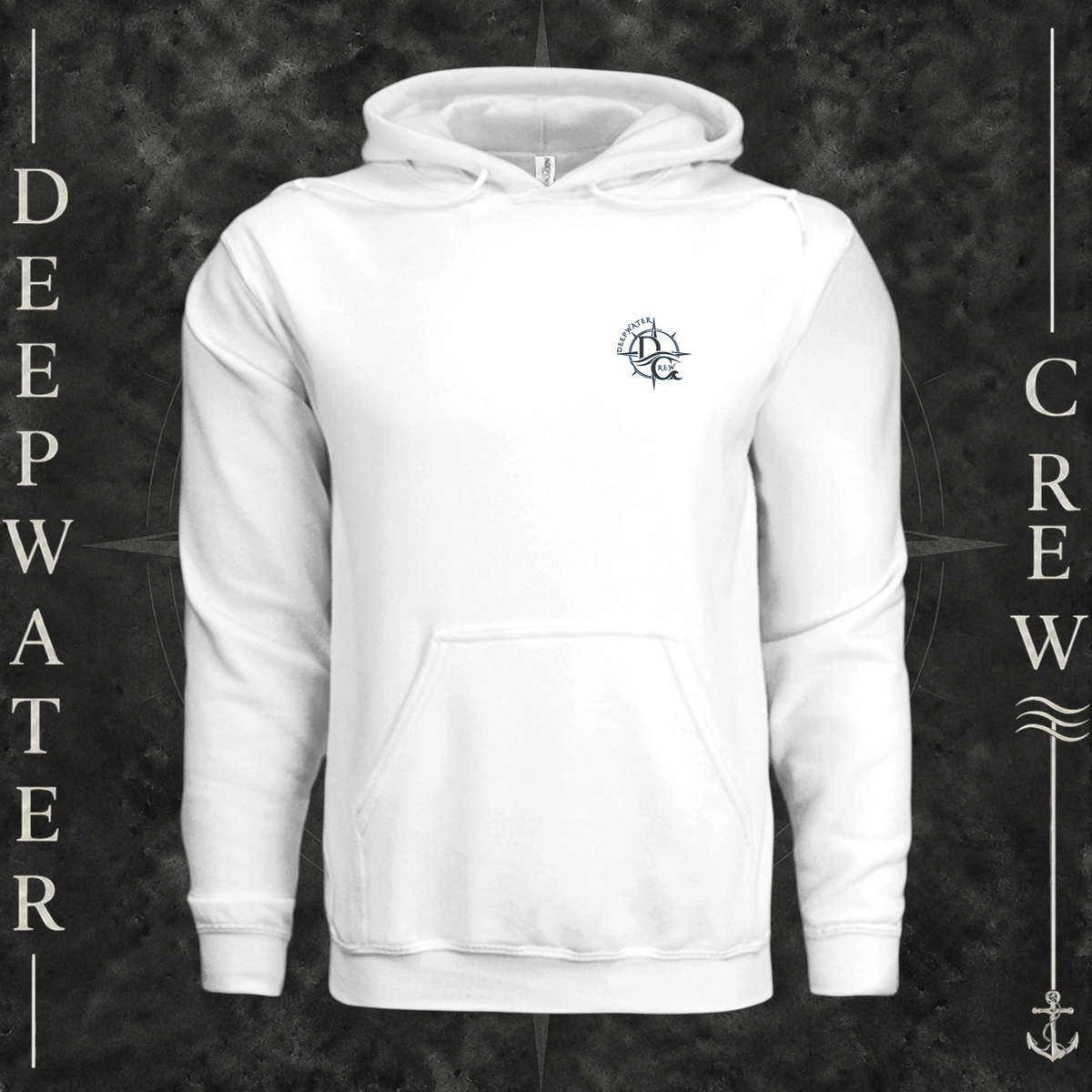 White Deepwater Crew Co. Forged of Salt Heavy Fleece Hoodie, front view with small blue-outlined DC compass-and-wave crest logo.