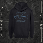 Black Deepwater Crew Co. Forged of Salt Heavy Fleece Zip Hoodie, back view with stylized tuna graphic, blue accents, and Forged of Salt lettering.