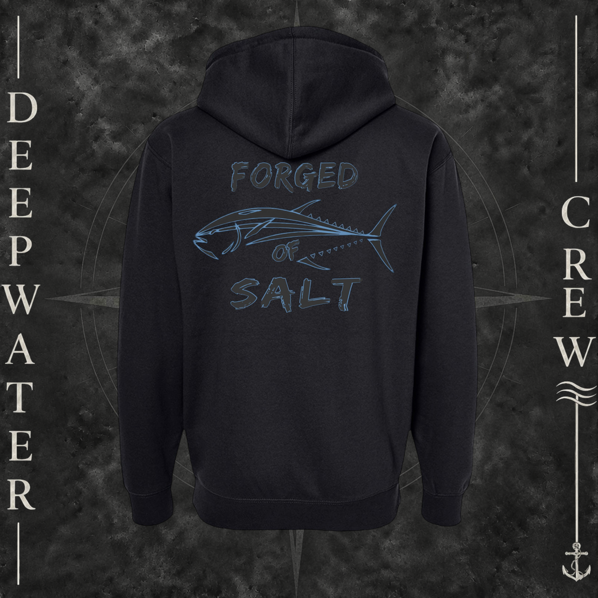 Black Deepwater Crew Co. Forged of Salt Heavy Fleece Zip Hoodie, back view with stylized tuna graphic, blue accents, and Forged of Salt lettering.