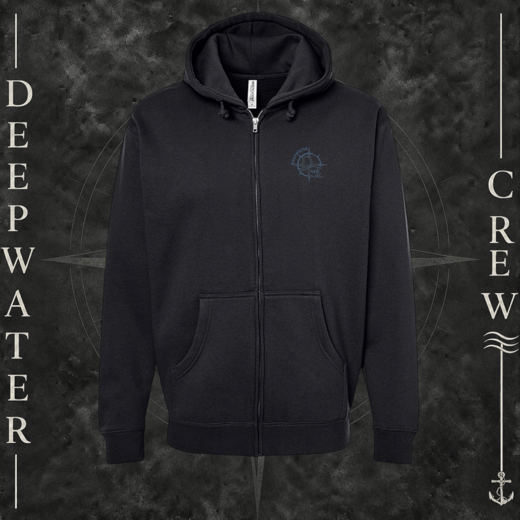 Black Deepwater Crew Co. Forged of Salt Heavy Fleece Zip Hoodie, front view with small blue-outlined DC compass-and-wave crest logo.