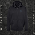Black Deepwater Crew Co. Forged of Salt Heavy Fleece Zip Hoodie, front view with small blue-outlined DC compass-and-wave crest logo.