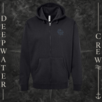 Black Deepwater Crew Co. Forged of Salt Heavy Fleece Zip Hoodie, front view with small blue-outlined DC compass-and-wave crest logo.