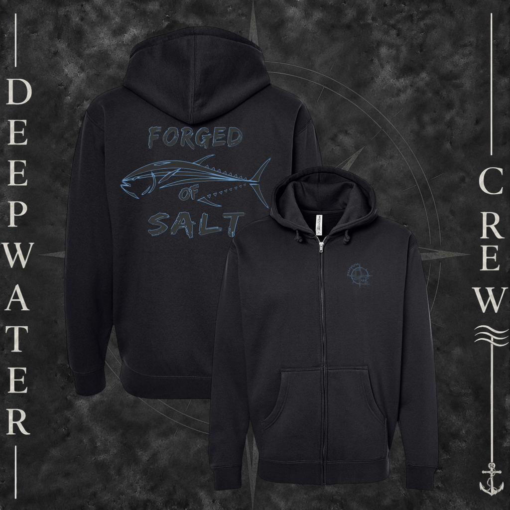 Black Deepwater Crew Co. Forged of Salt Heavy Fleece Zip Hoodie, product view on branded Deepwater Crew compass background.