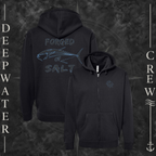 Black Deepwater Crew Co. Forged of Salt Heavy Fleece Zip Hoodie, product view on branded Deepwater Crew compass background.