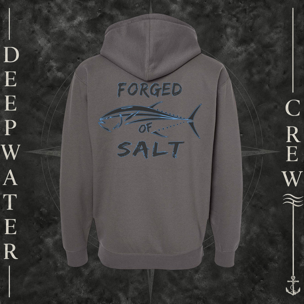 Solid Charcoal Deepwater Crew Co. Forged of Salt Heavy Fleece Zip Hoodie, back view with stylized tuna graphic, blue accents, and Forged of Salt lettering.