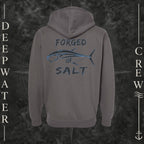 Solid Charcoal Deepwater Crew Co. Forged of Salt Heavy Fleece Zip Hoodie, back view with stylized tuna graphic, blue accents, and Forged of Salt lettering.