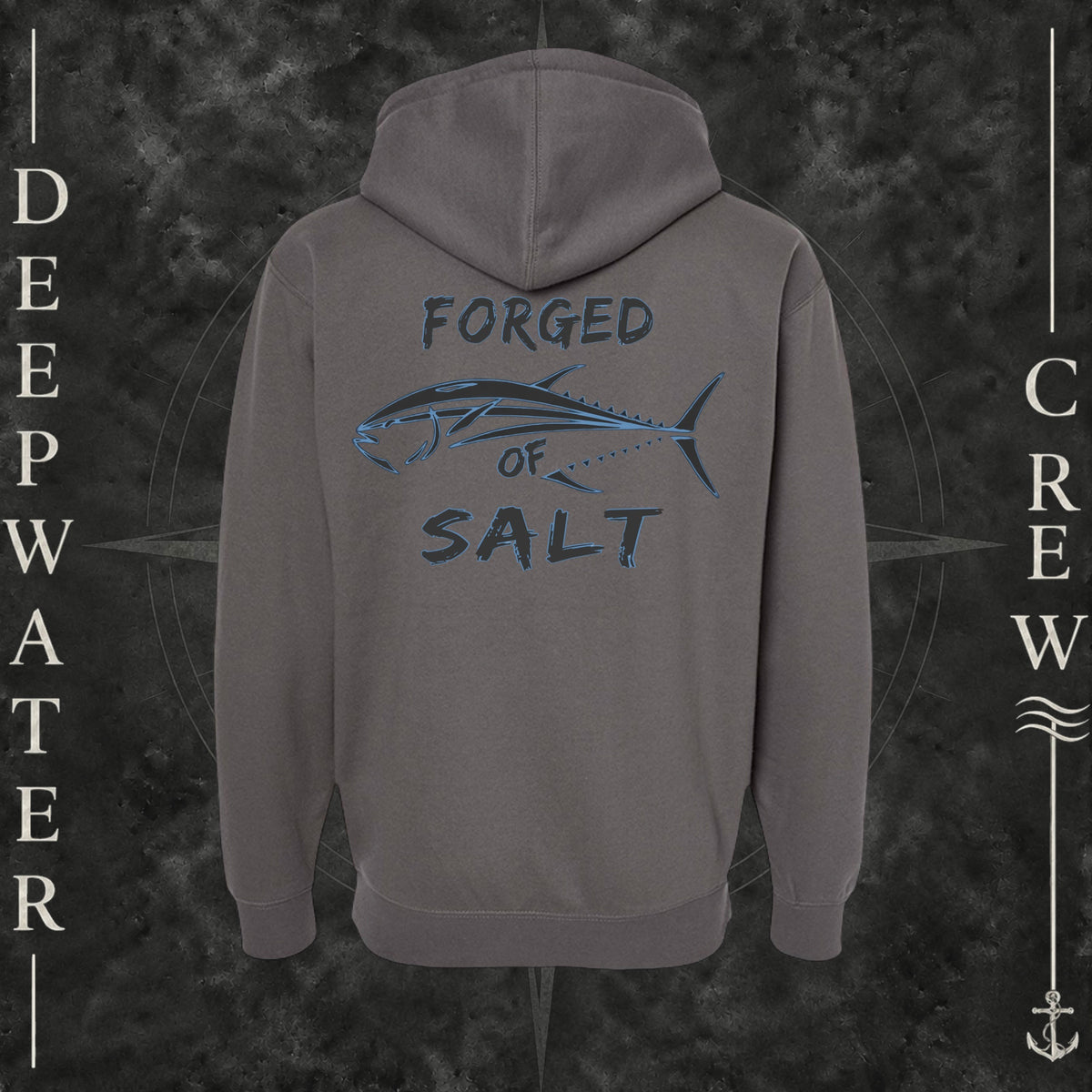 Solid Charcoal Deepwater Crew Co. Forged of Salt Heavy Fleece Zip Hoodie, back view with stylized tuna graphic, blue accents, and Forged of Salt lettering.
