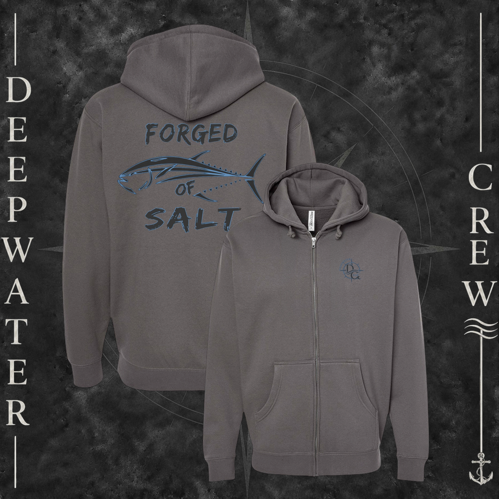 Solid Charcoal Deepwater Crew Co. Forged of Salt Heavy Fleece Zip Hoodie, product view on branded Deepwater Crew compass background.