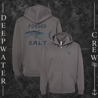 Solid Charcoal Deepwater Crew Co. Forged of Salt Heavy Fleece Zip Hoodie, product view on branded Deepwater Crew compass background.