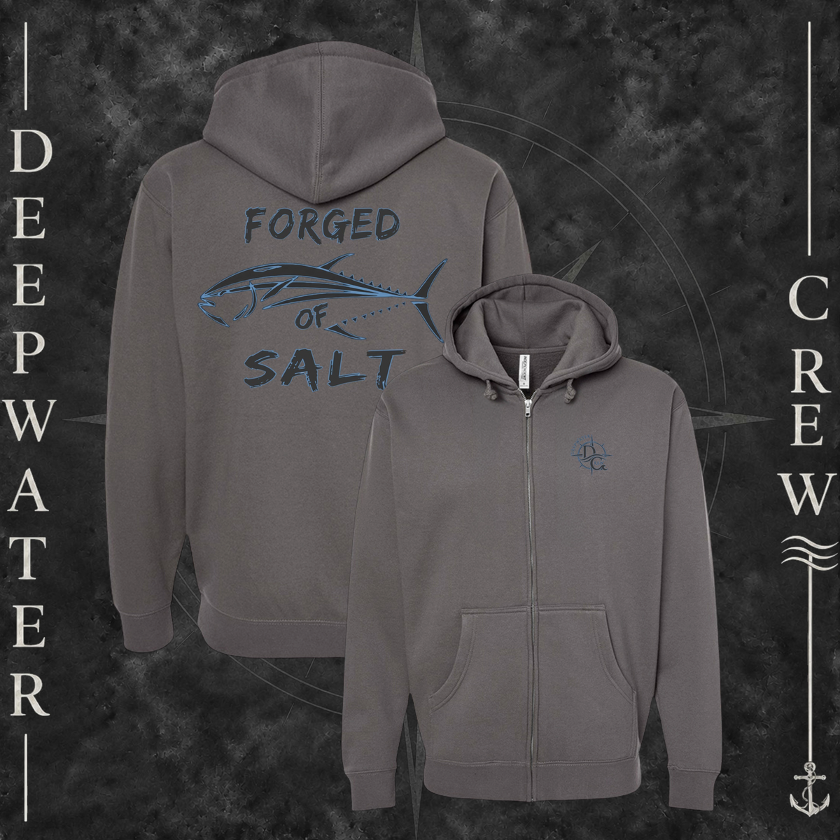 Solid Charcoal Deepwater Crew Co. Forged of Salt Heavy Fleece Zip Hoodie, product view on branded Deepwater Crew compass background.