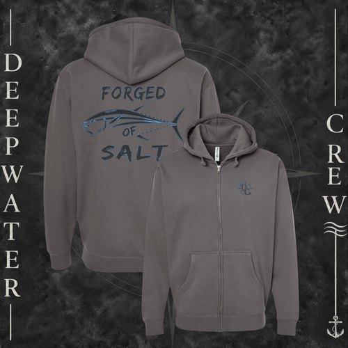 Solid Charcoal Deepwater Crew Co. Forged of Salt Heavy Fleece Zip Hoodie, product view on branded Deepwater Crew compass background.
