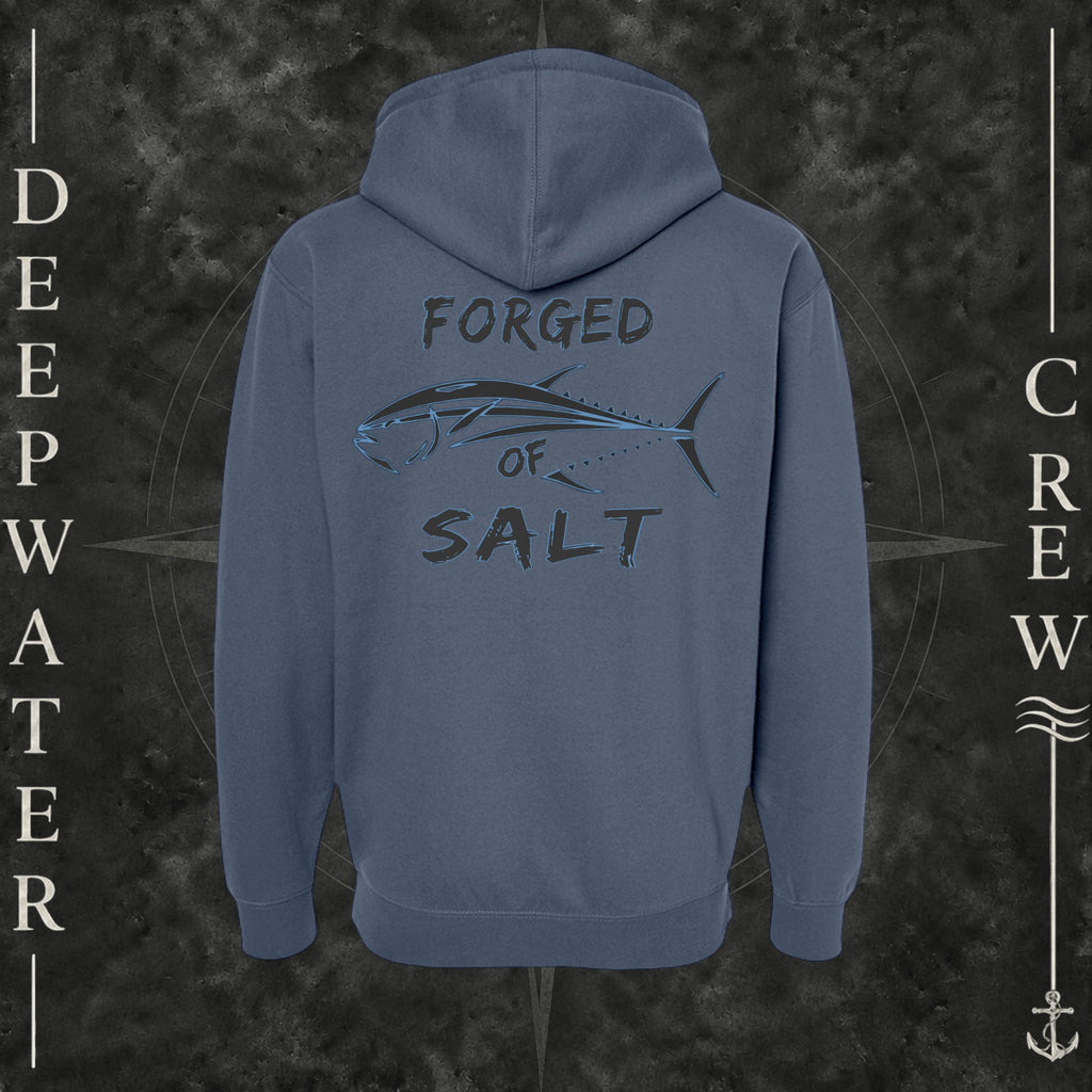Storm Blue Deepwater Crew Co. Forged of Salt Heavy Fleece Zip Hoodie, back view with stylized tuna graphic, blue accents, and Forged of Salt lettering.