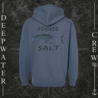 Storm Blue Deepwater Crew Co. Forged of Salt Heavy Fleece Zip Hoodie, back view with stylized tuna graphic, blue accents, and Forged of Salt lettering.