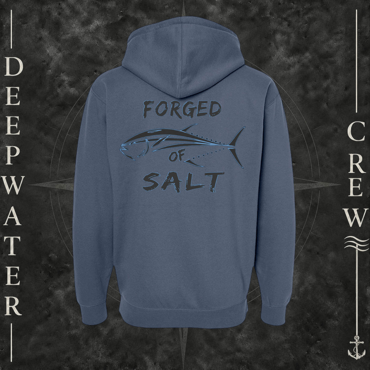 Storm Blue Deepwater Crew Co. Forged of Salt Heavy Fleece Zip Hoodie, back view with stylized tuna graphic, blue accents, and Forged of Salt lettering.