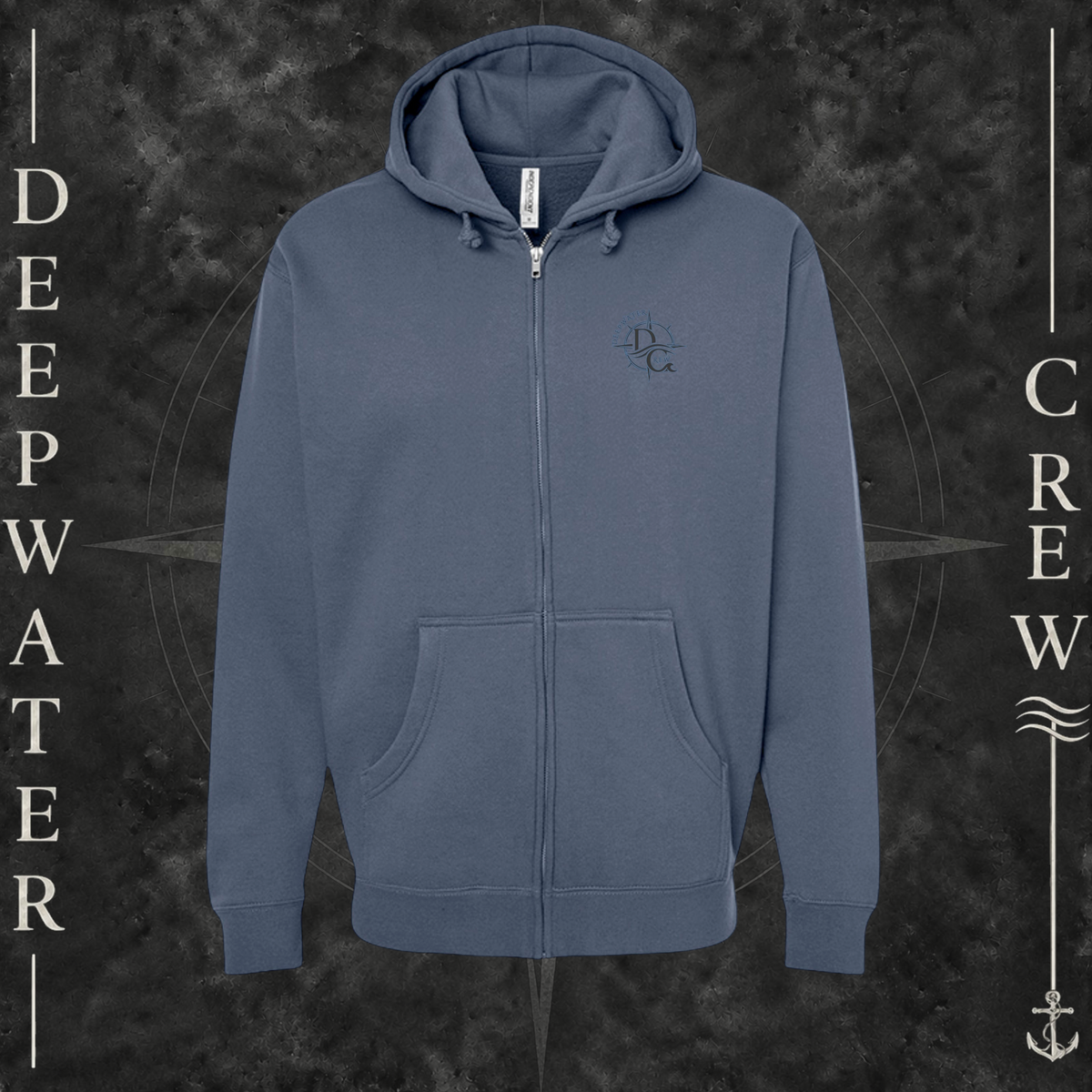 Storm Blue Deepwater Crew Co. Forged of Salt Heavy Fleece Zip Hoodie, front view with small blue-outlined DC compass-and-wave crest logo.