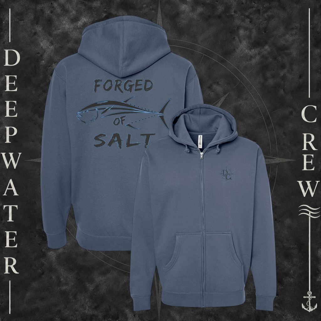 Storm Blue Deepwater Crew Co. Forged of Salt Heavy Fleece Zip Hoodie, product view on branded Deepwater Crew compass background.