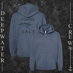 Storm Blue Deepwater Crew Co. Forged of Salt Heavy Fleece Zip Hoodie, product view on branded Deepwater Crew compass background.