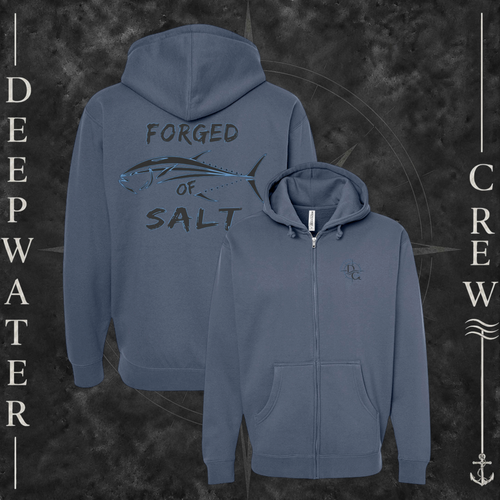 Storm Blue Deepwater Crew Co. Forged of Salt Heavy Fleece Zip Hoodie, product view on branded Deepwater Crew compass background.