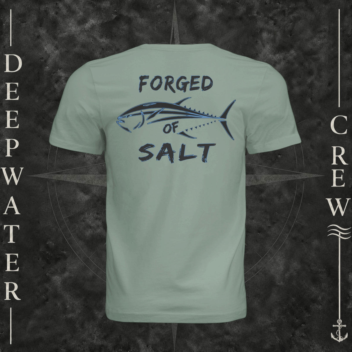Sage Deepwater Crew Co. Forged of Salt crewneck T-shirt, back view with stylized tuna graphic, blue accents, and “Forged of Salt” lettering.