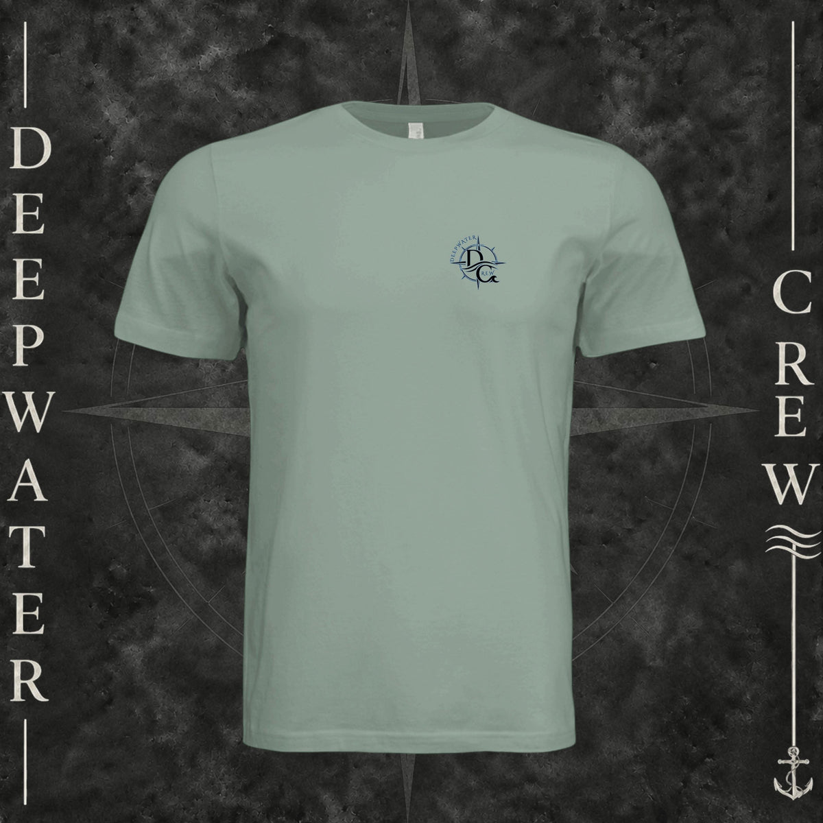Sage Deepwater Crew Co. Forged of Salt crewneck T-shirt, front view with small blue-outlined DC compass-and-wave crest logo.