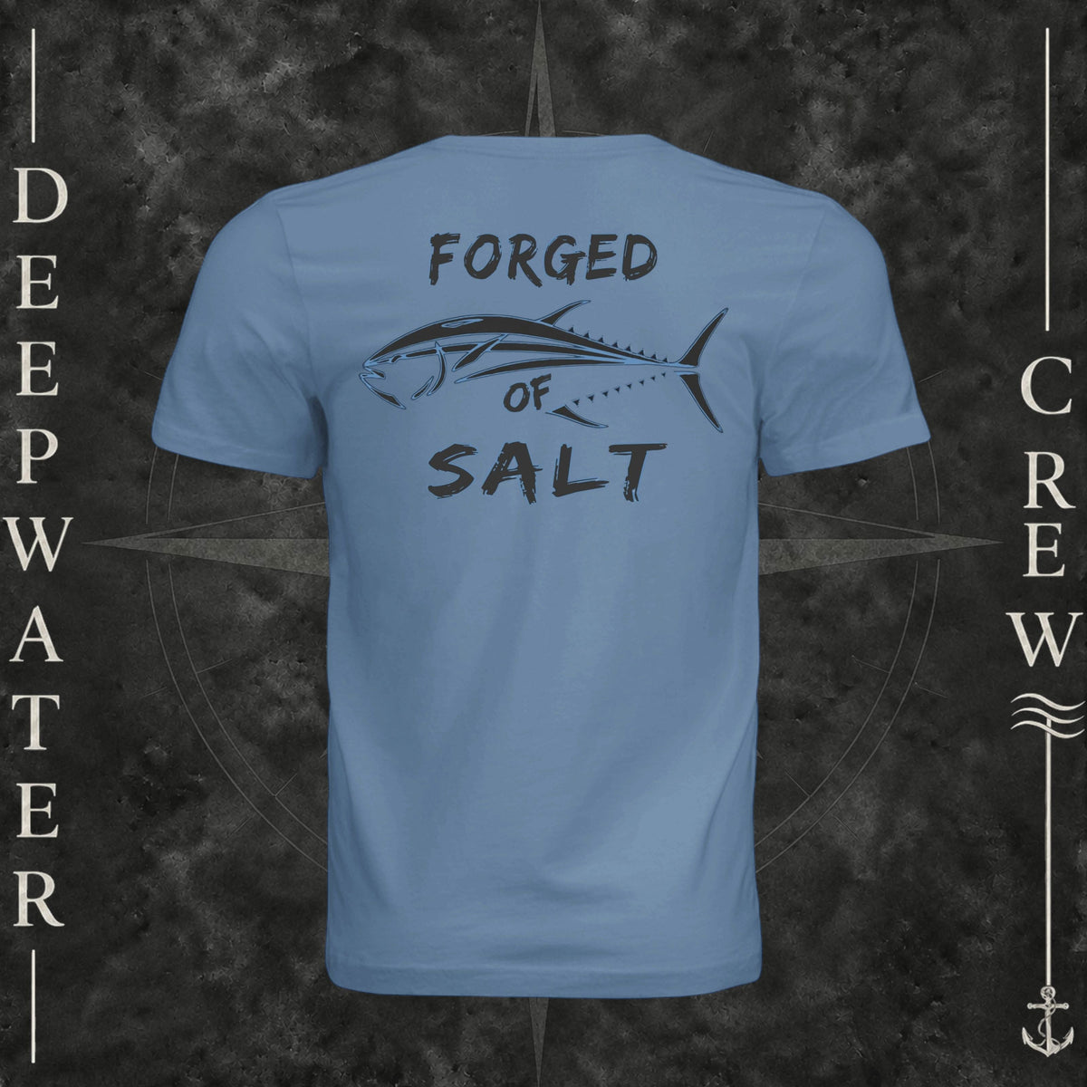 Slate Deepwater Crew Co. Forged of Salt crewneck T-shirt, back view with stylized tuna graphic, blue accents, and “Forged of Salt” lettering.