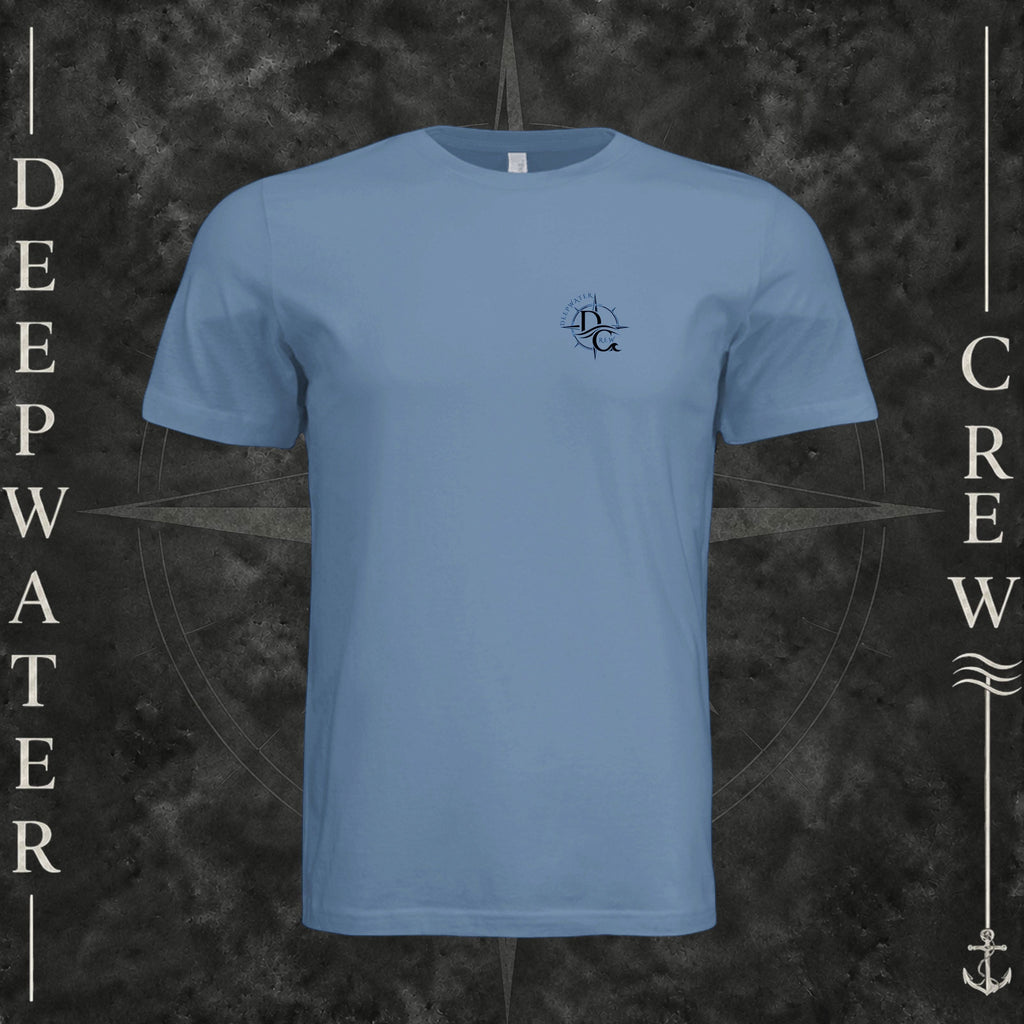 Slate Deepwater Crew Co. Forged of Salt crewneck T-shirt, front view with small blue-outlined DC compass-and-wave crest logo.