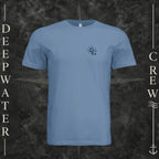 Slate Deepwater Crew Co. Forged of Salt crewneck T-shirt, front view with small blue-outlined DC compass-and-wave crest logo.