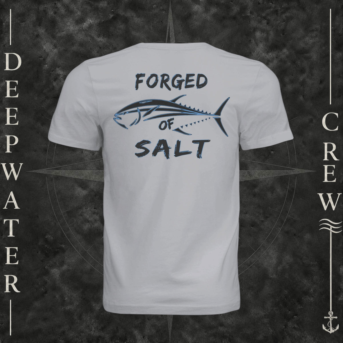 Solid Athletic Grey Deepwater Crew Co. Forged of Salt crewneck T-shirt, back view with stylized tuna graphic, blue accents, and “Forged of Salt” lettering.