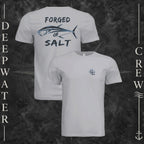 Solid Athletic Grey Deepwater Crew Co. Forged of Salt crewneck T-shirt showing front and back views with DC compass-and-wave chest logo and stylized tuna Forged of Salt back graphic.