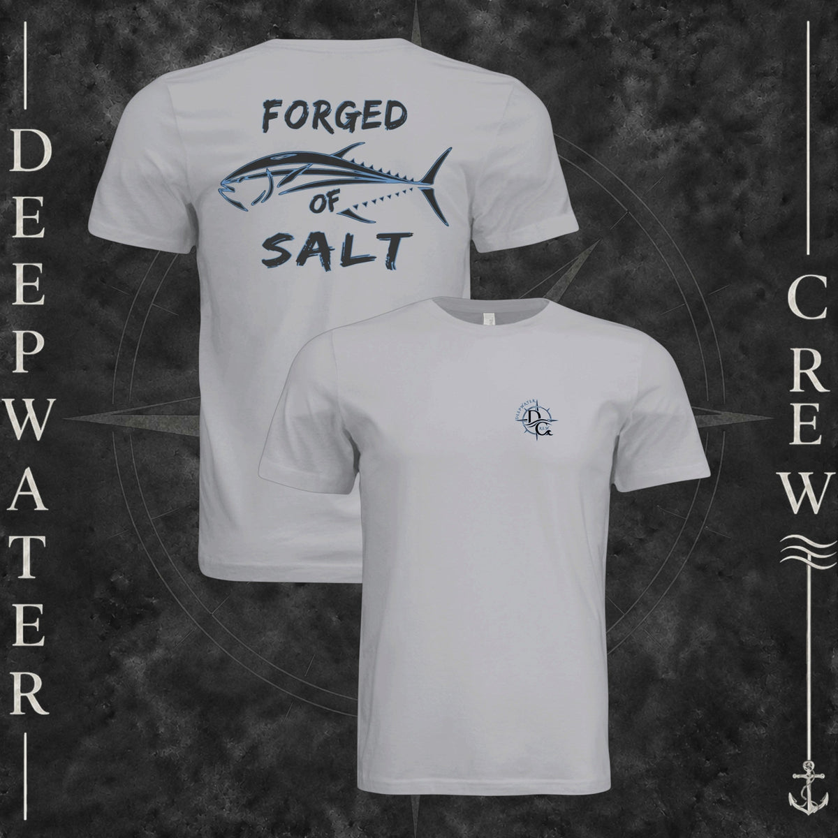 Solid Athletic Grey Deepwater Crew Co. Forged of Salt crewneck T-shirt showing front and back views with DC compass-and-wave chest logo and stylized tuna Forged of Salt back graphic.