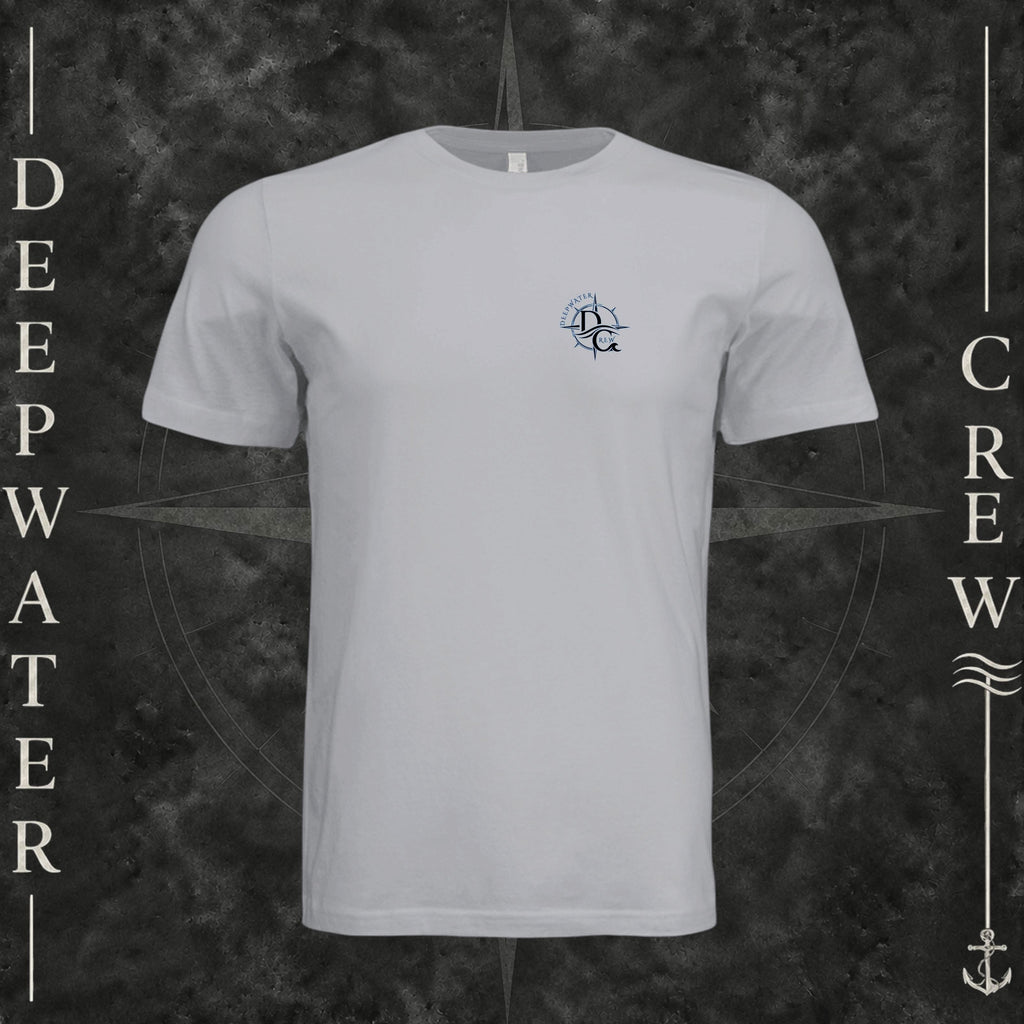 Solid Athletic Grey Deepwater Crew Co. Forged of Salt crewneck T-shirt, front view with small blue-outlined DC compass-and-wave crest logo.
