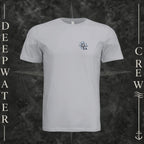 Solid Athletic Grey Deepwater Crew Co. Forged of Salt crewneck T-shirt, front view with small blue-outlined DC compass-and-wave crest logo.