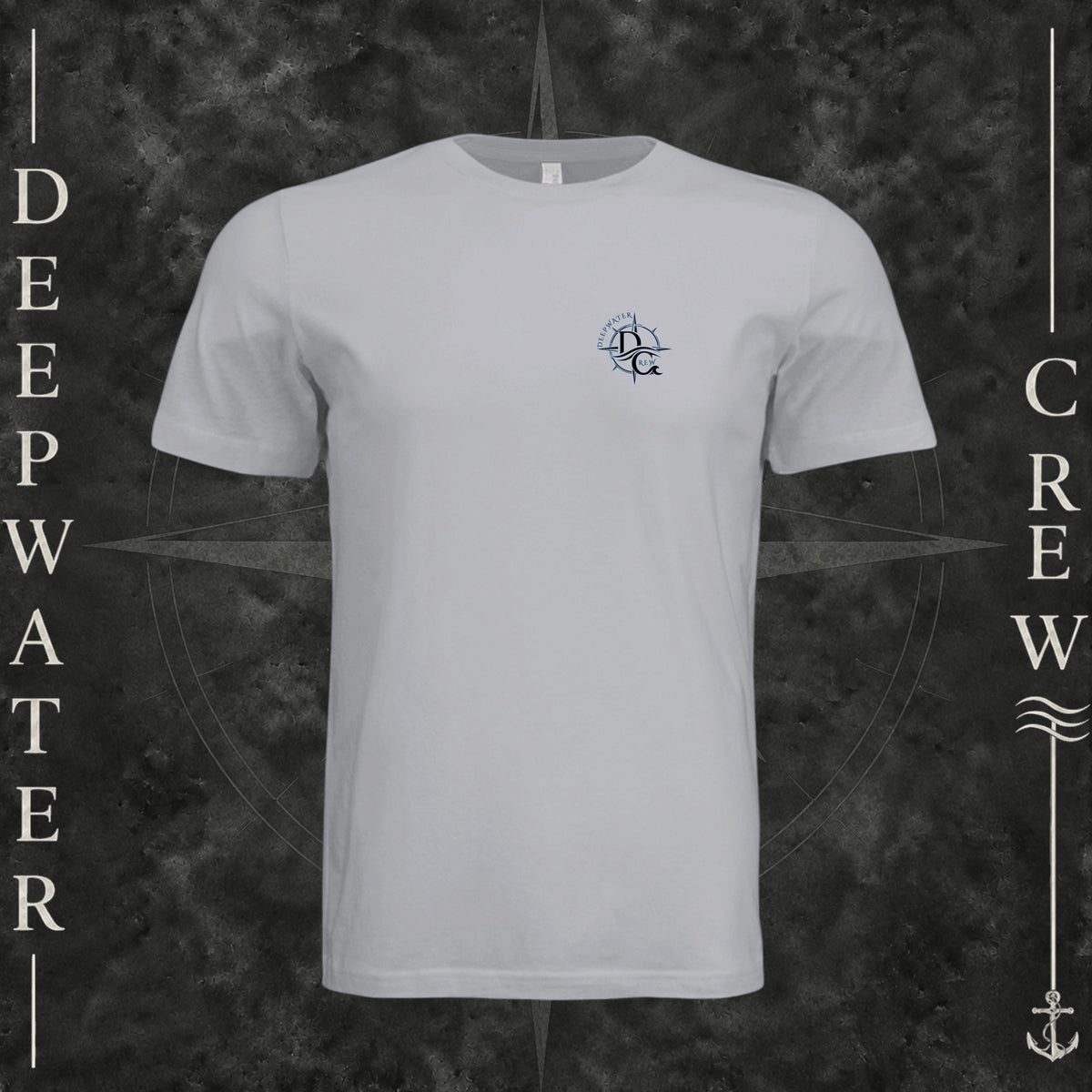 Solid Athletic Grey Deepwater Crew Co. Forged of Salt crewneck T-shirt, front view with small blue-outlined DC compass-and-wave crest logo.