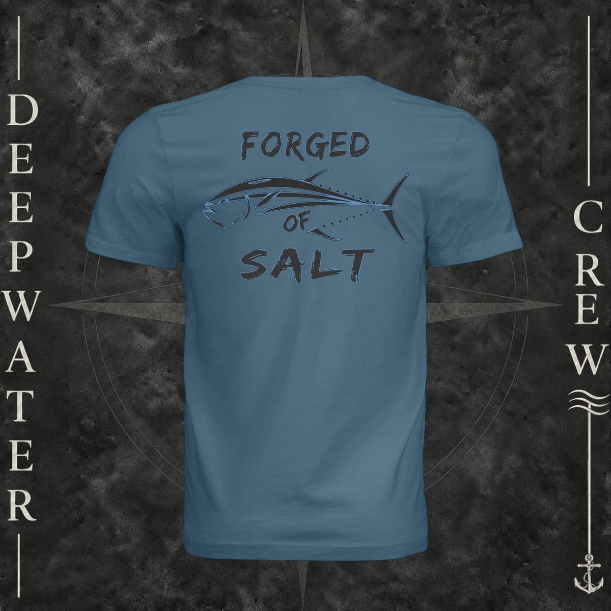 Steel Blue Deepwater Crew Co. Forged of Salt crewneck T-shirt, back view with stylized tuna graphic, blue accents, and “Forged of Salt” lettering.