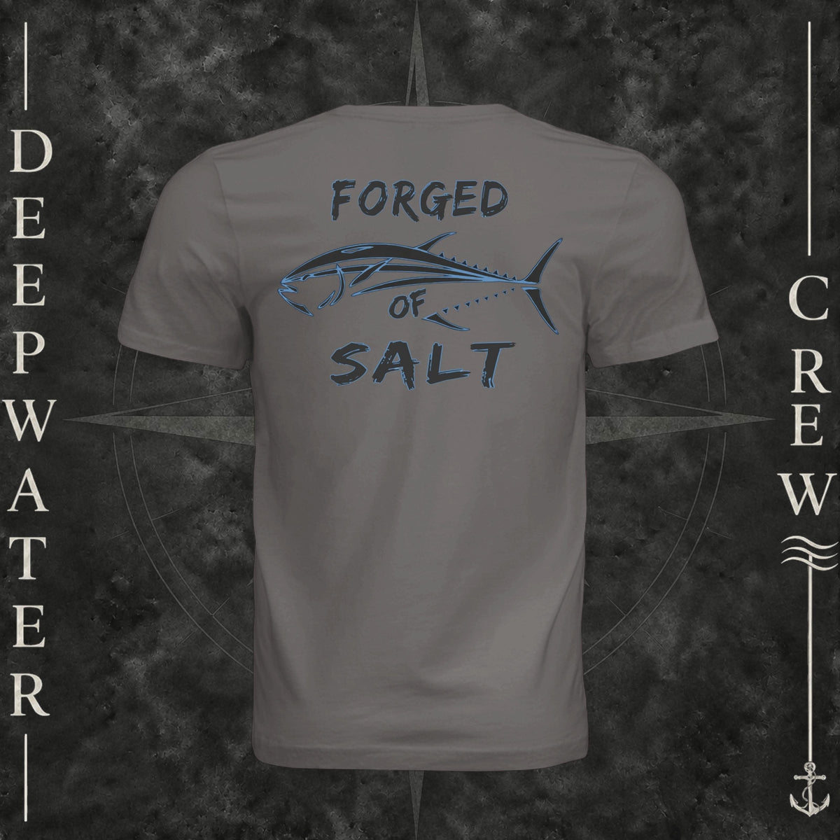 Storm Deepwater Crew Co. Forged of Salt crewneck T-shirt, back view with stylized tuna graphic, blue accents, and “Forged of Salt” lettering.