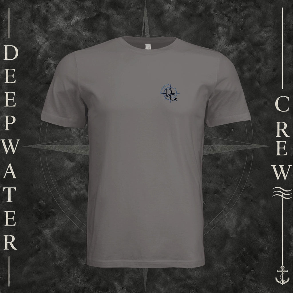 Storm Deepwater Crew Co. Forged of Salt crewneck T-shirt, front view with small blue-outlined DC compass-and-wave crest logo.