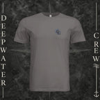 Storm Deepwater Crew Co. Forged of Salt crewneck T-shirt, front view with small blue-outlined DC compass-and-wave crest logo.