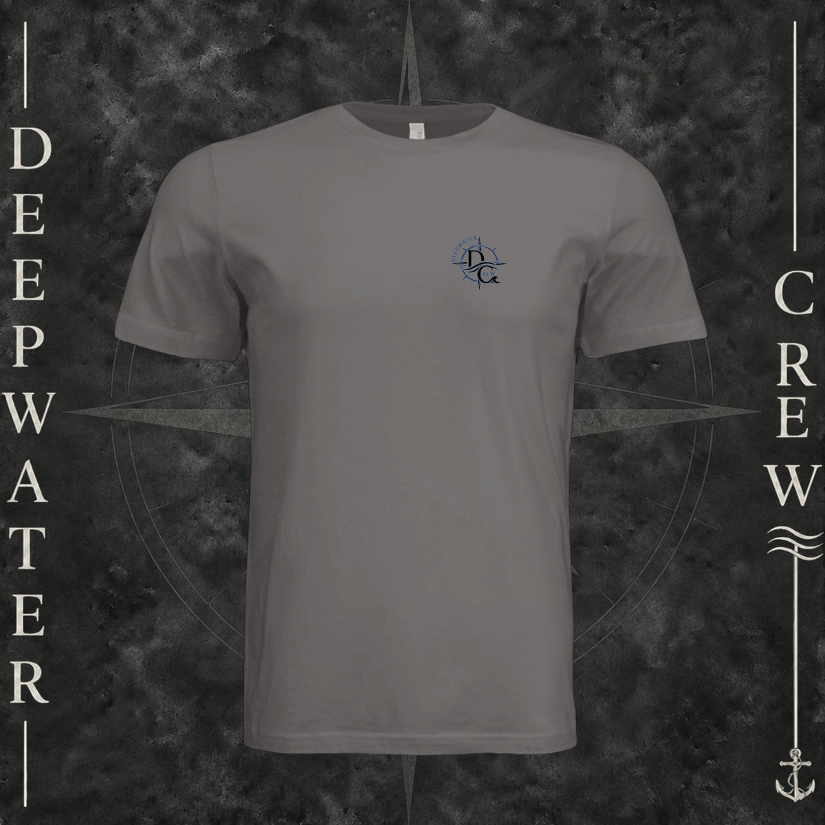 Storm Deepwater Crew Co. Forged of Salt crewneck T-shirt, front view with small blue-outlined DC compass-and-wave crest logo.