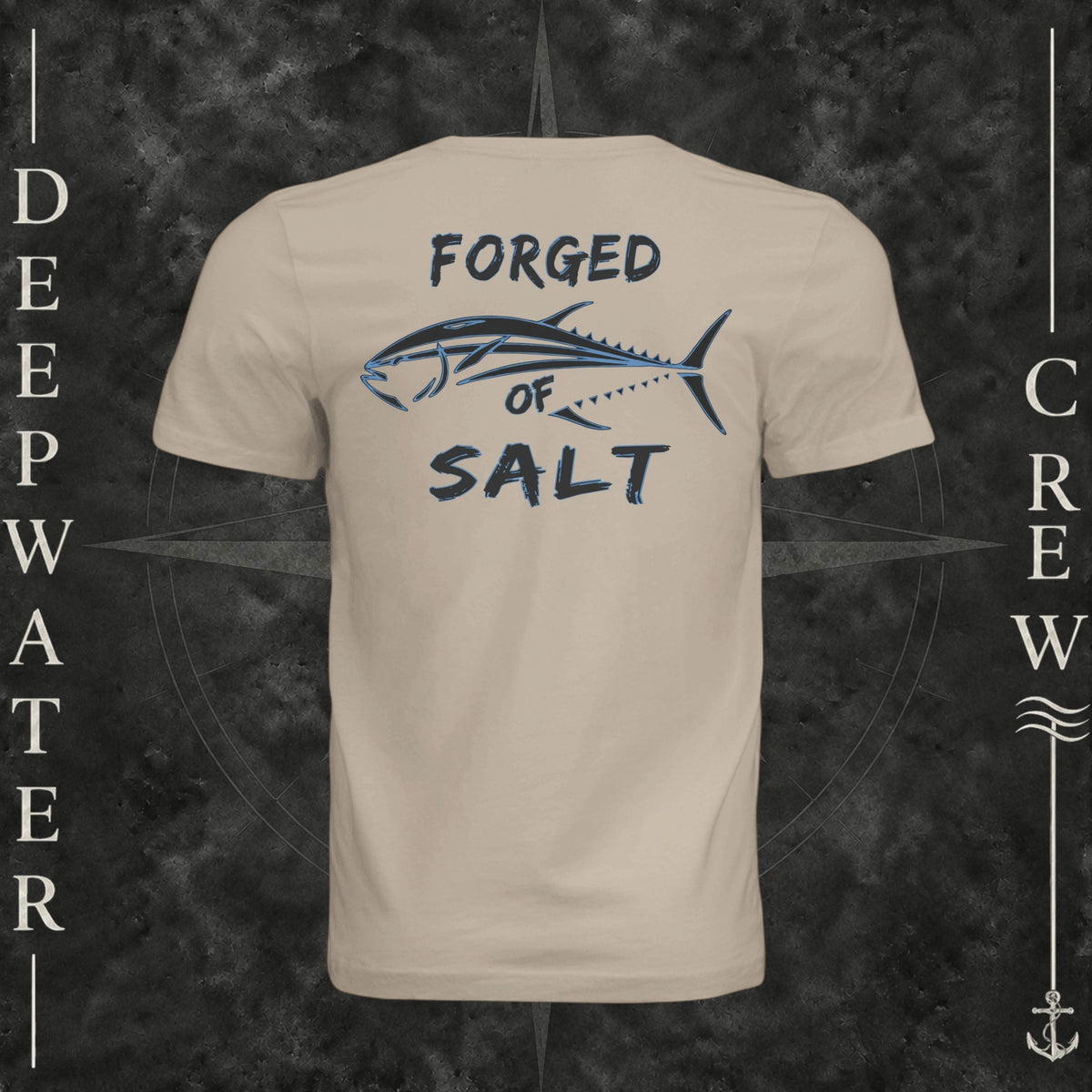 Tan Deepwater Crew Co. Forged of Salt crewneck T-shirt, back view with stylized tuna graphic, blue accents, and “Forged of Salt” lettering.